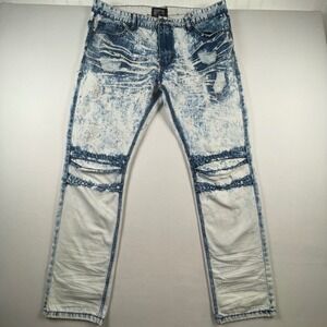 SMOKE RISE‎ Mens Jeans Blue Acid Wash Distressed Knee Embellished Size 40x32